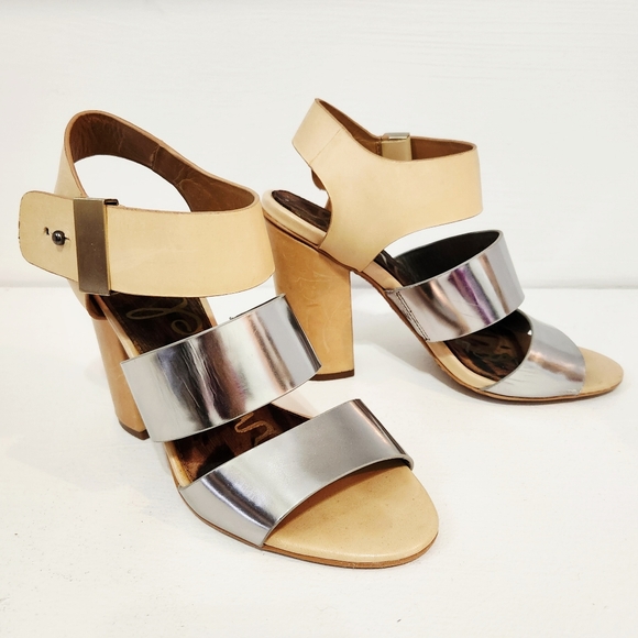 Sam Edelman "Yelena" Metallic Mirror Strap Nude Chunky Block Heels - Picture 2 of 12